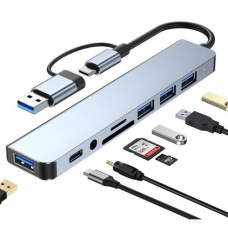 Adapter Type C - USB 3.0 JWD na 3x USB 2.0, PD, 3.5mm, SD, TF, USB 3.0 8 u 1 sivi Adapter Type C - USB 3.0 JWD na 3x USB 2.0, PD, 3.5mm, SD, TF, USB 3.0 8 u 1 sivi
